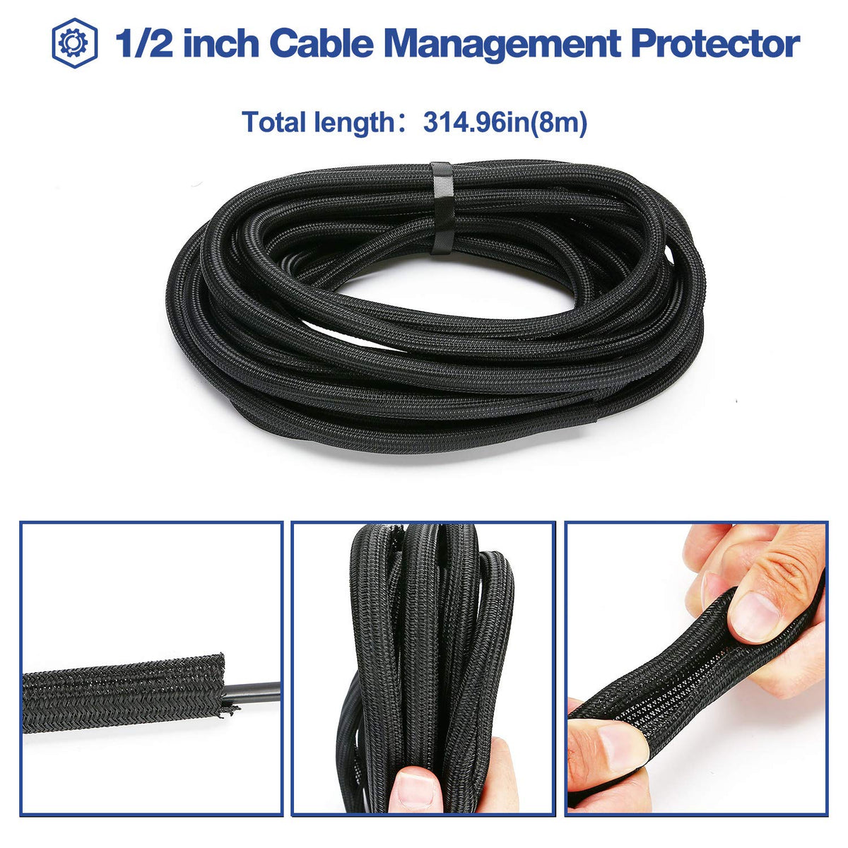JOTO cable sleeve behind a computer monitor keeps cords tidy.