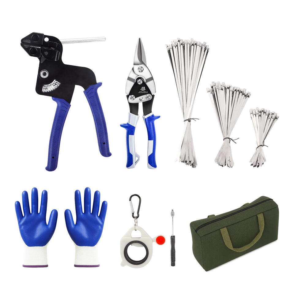 JOUGU kit front packaging showing tools and 150 stainless steel ties for durable installs