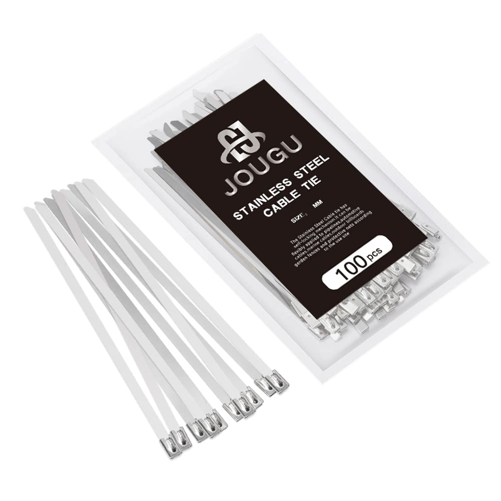 JOUGU front packaging showing 100 stainless steel ties, durable supply