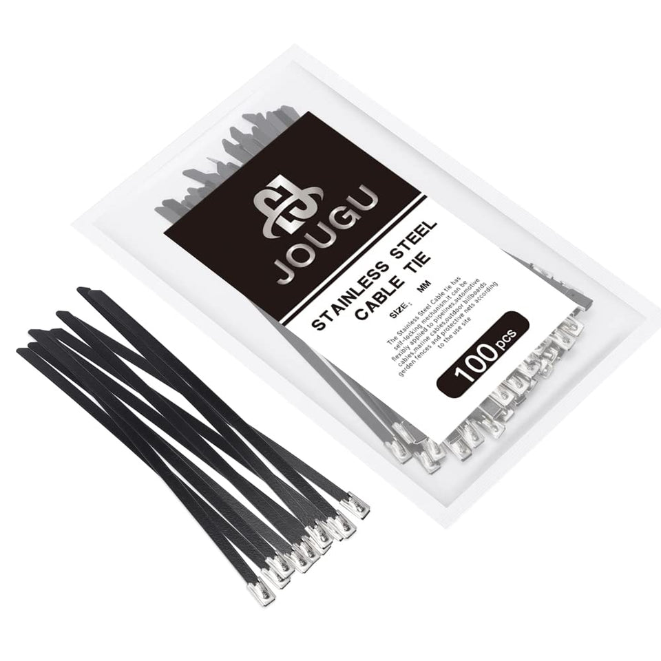 JOUGU metal zip ties 10in epoxy-coated securely bind cables outdoors.