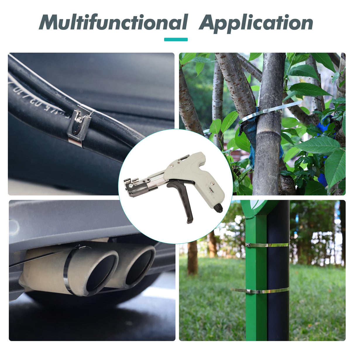 JOUGU tool tightening a stainless steel cable tie for faster bundling