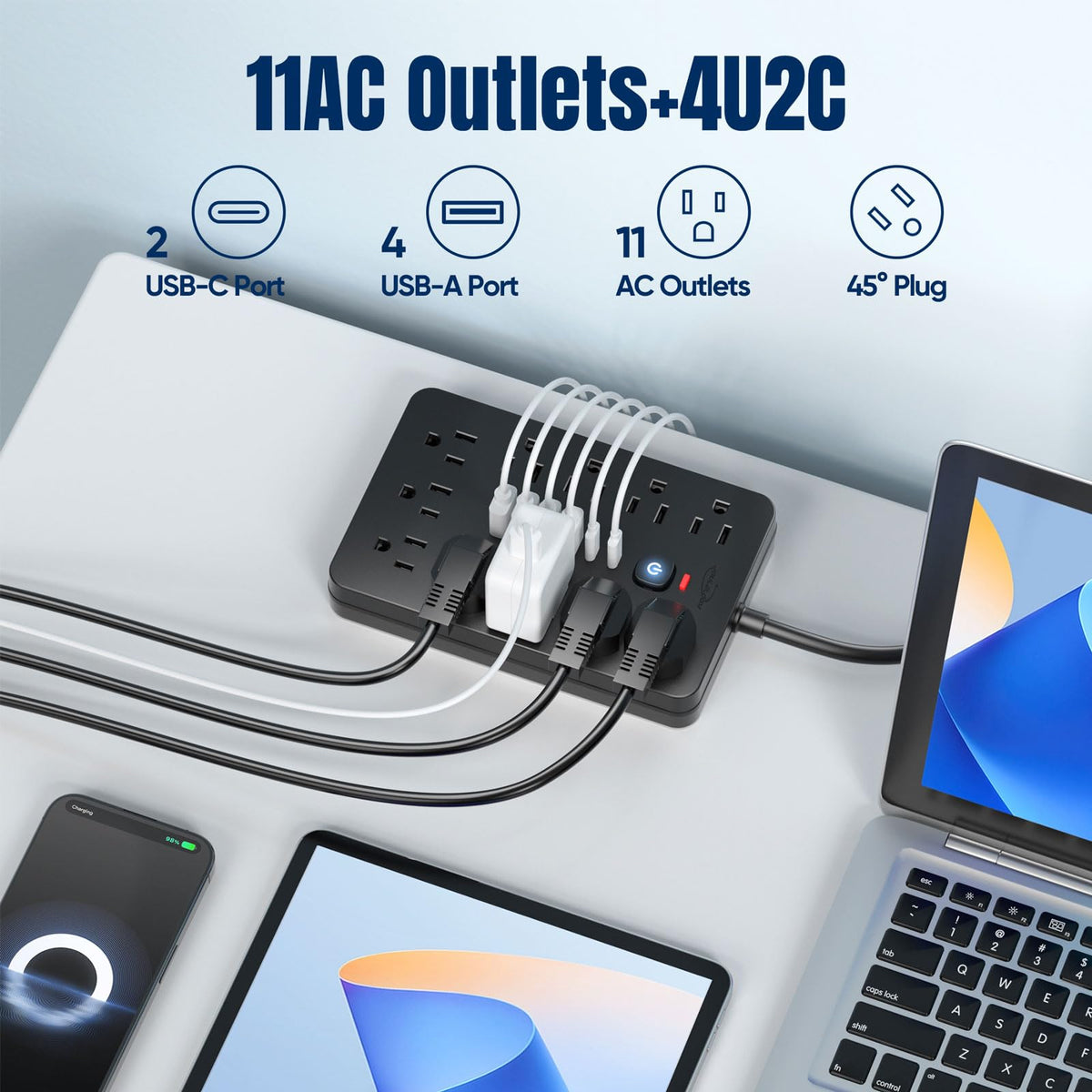 JouleLoom 11-outlet layout enables flexible device placement on a busy desk.