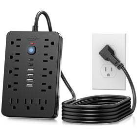 JouleLoom 6 ft flat plug surge protector highlights space-saving design for desks.