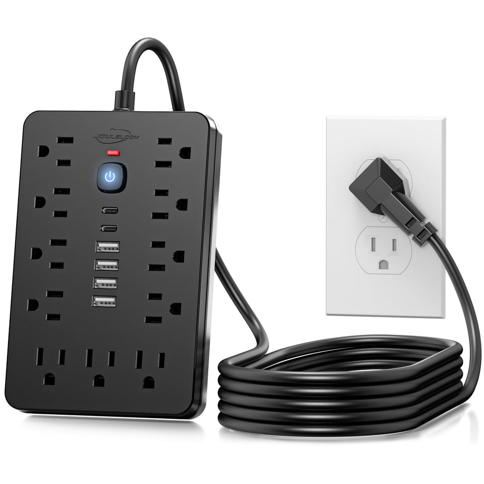 JouleLoom 6 ft flat plug surge protector highlights space-saving design for desks.
