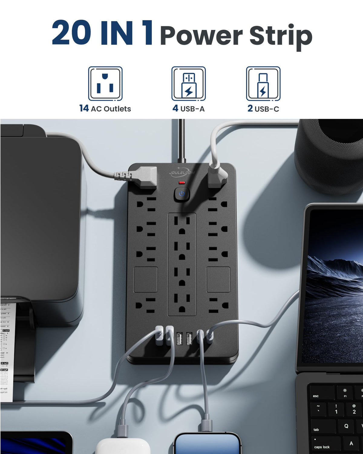 JouleLoom flat plug angled 45° to save space and prevent blocked outlets