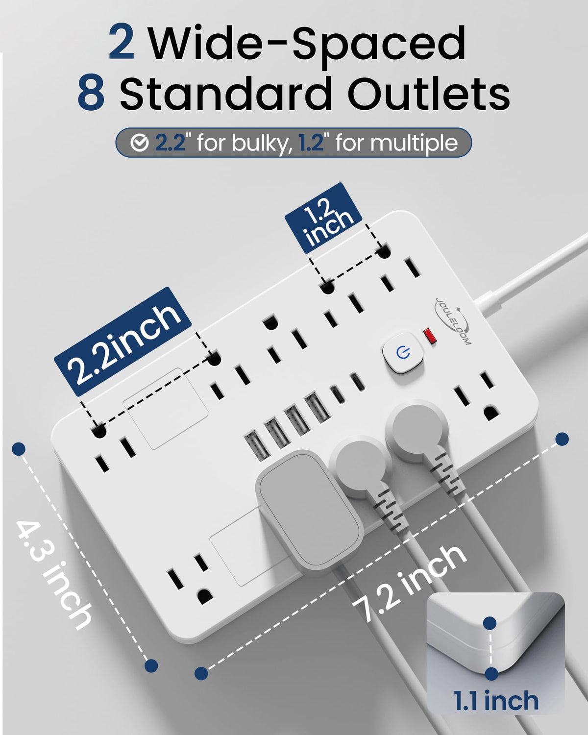 JouleLoom flat plug and 6ft cord profile, keeps wall outlets unobstructed