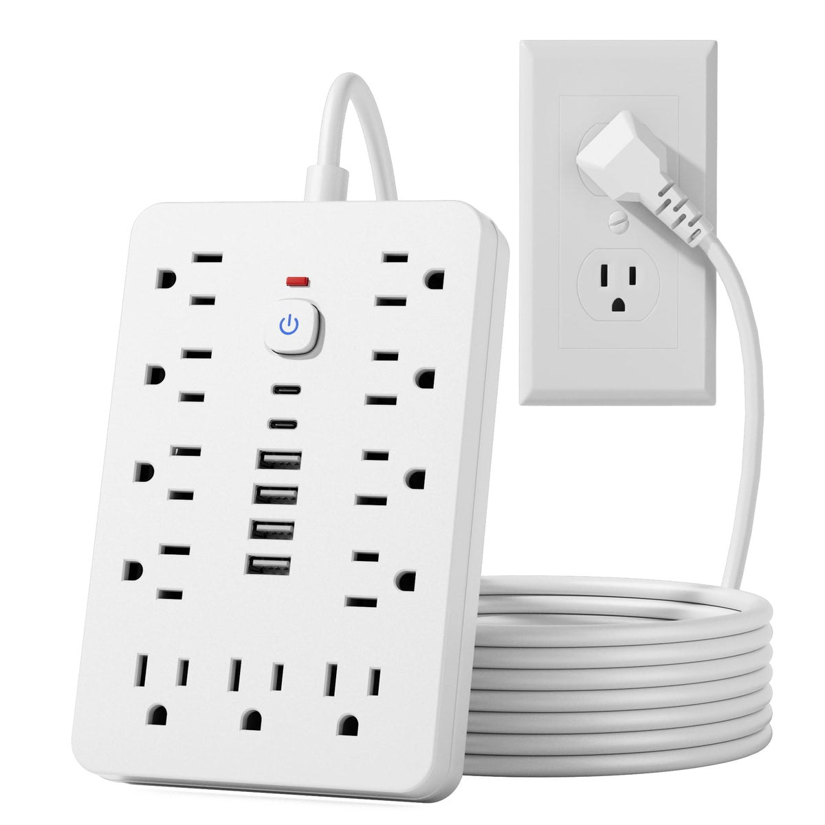 JouleLoom power strip front view showing outlets and USB ports for versatile charging