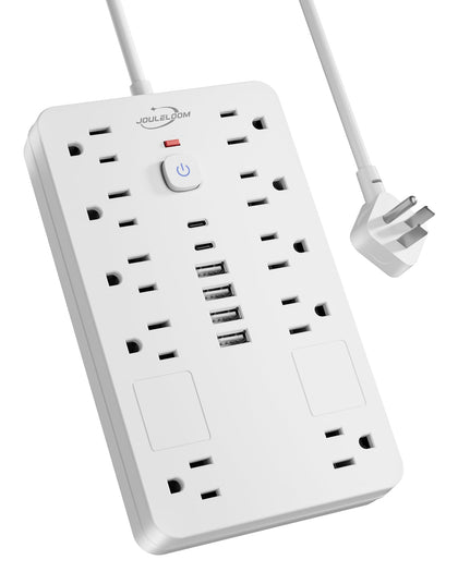 JouleLoom front view showing all outlets and USB ports, organizes many devices