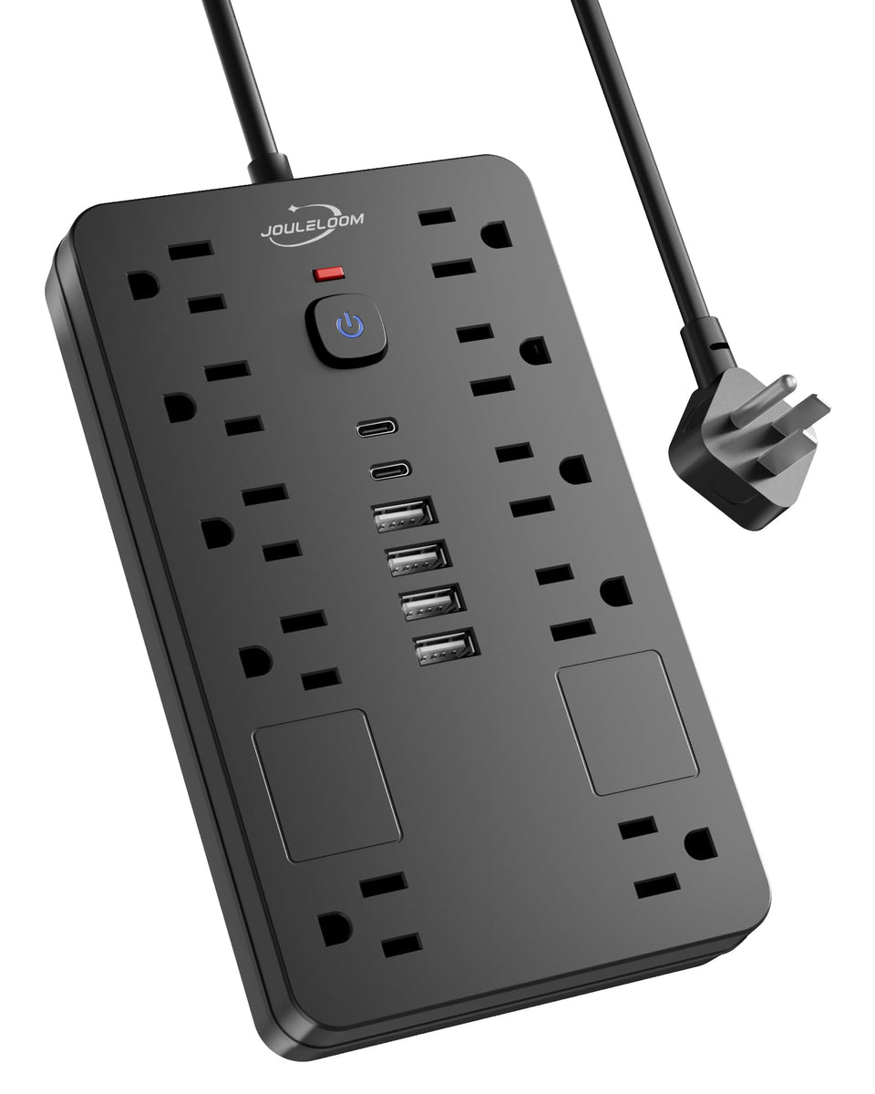 JouleLoom front view showing all outlets and USB ports for versatile charging