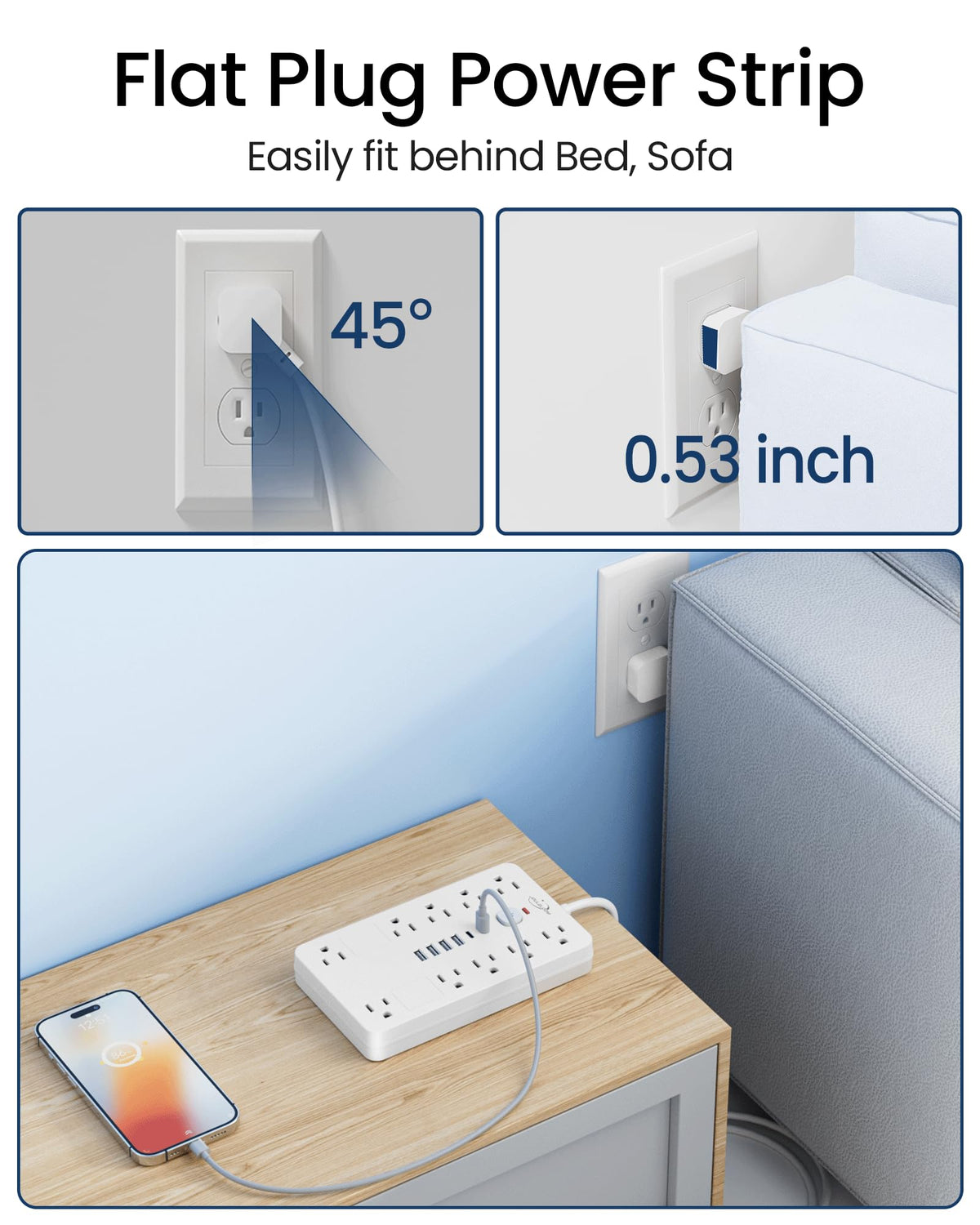JouleLoom mounted on wall offering tidy, space-saving power placement