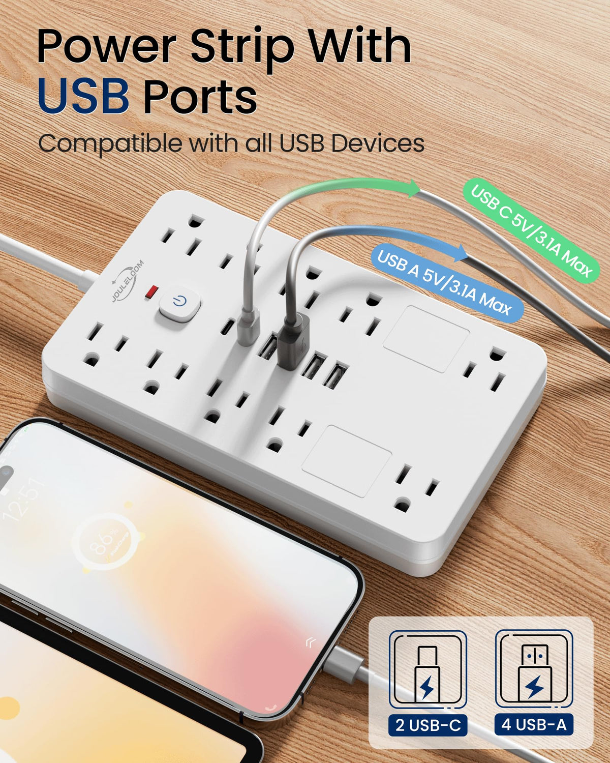 JouleLoom image of wide spaced AC outlets fitting large adapters easily