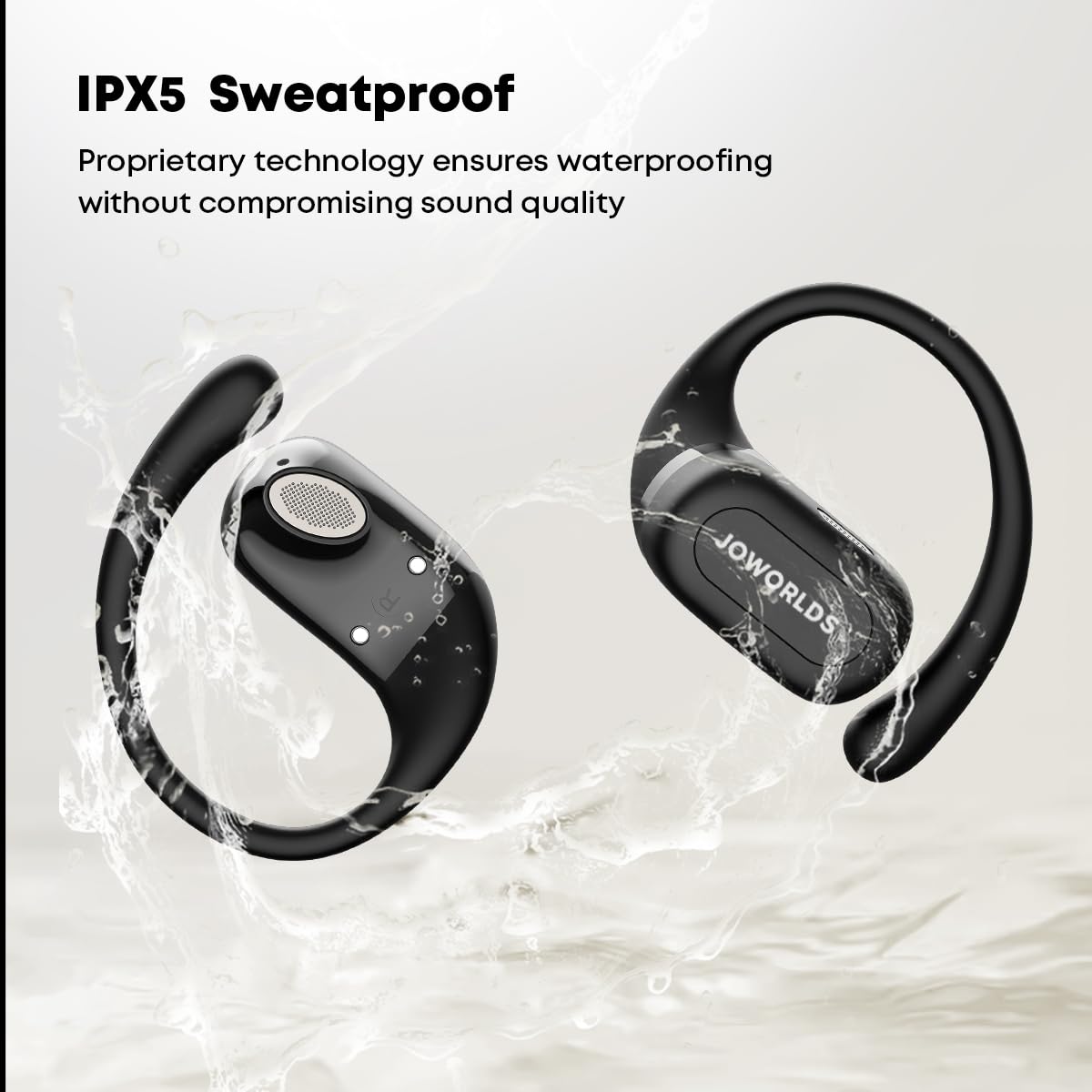JOWORLDS earbuds under light rain demonstrating IPX5 sweat protection benefit