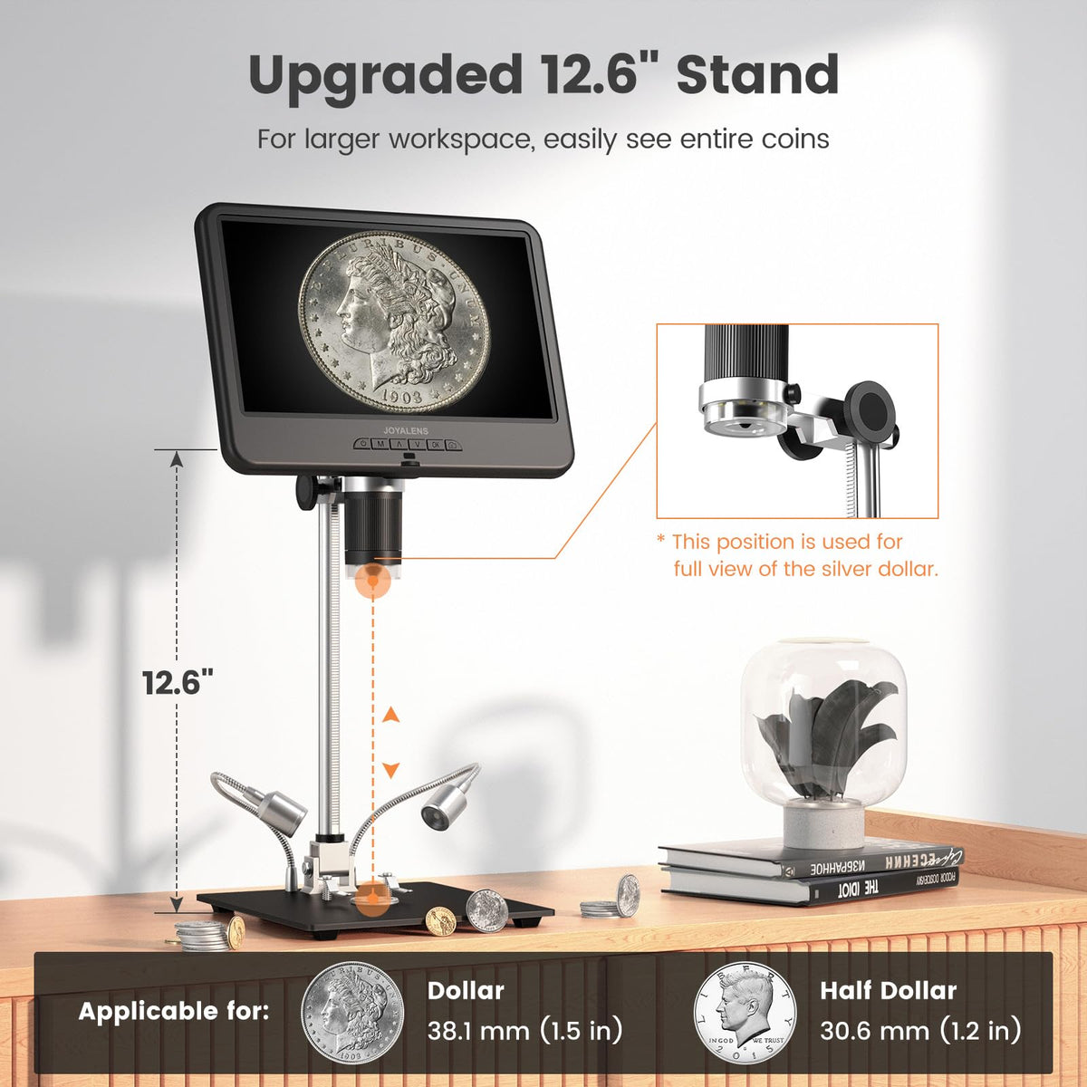JOYALENS JL210 full-view coin microscope captures large coin details clearly.