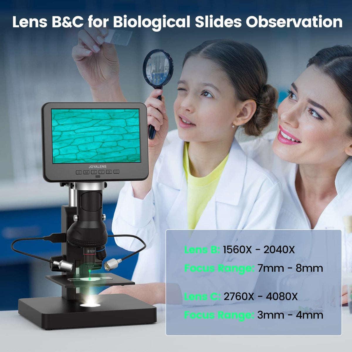 JOYALENS JL246PS lens B magnifies biological slides for clear study details.