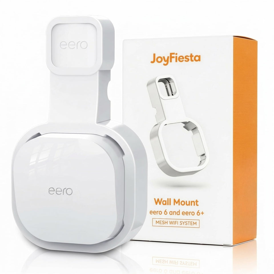 JoyFiesta front view of mounted eero 6 showing tidy profile and space saving