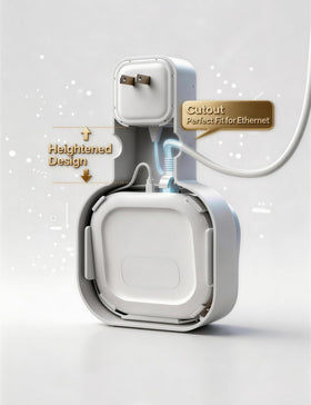 JoyFiesta bracket beside outlet illustrating plug proximity and convenience