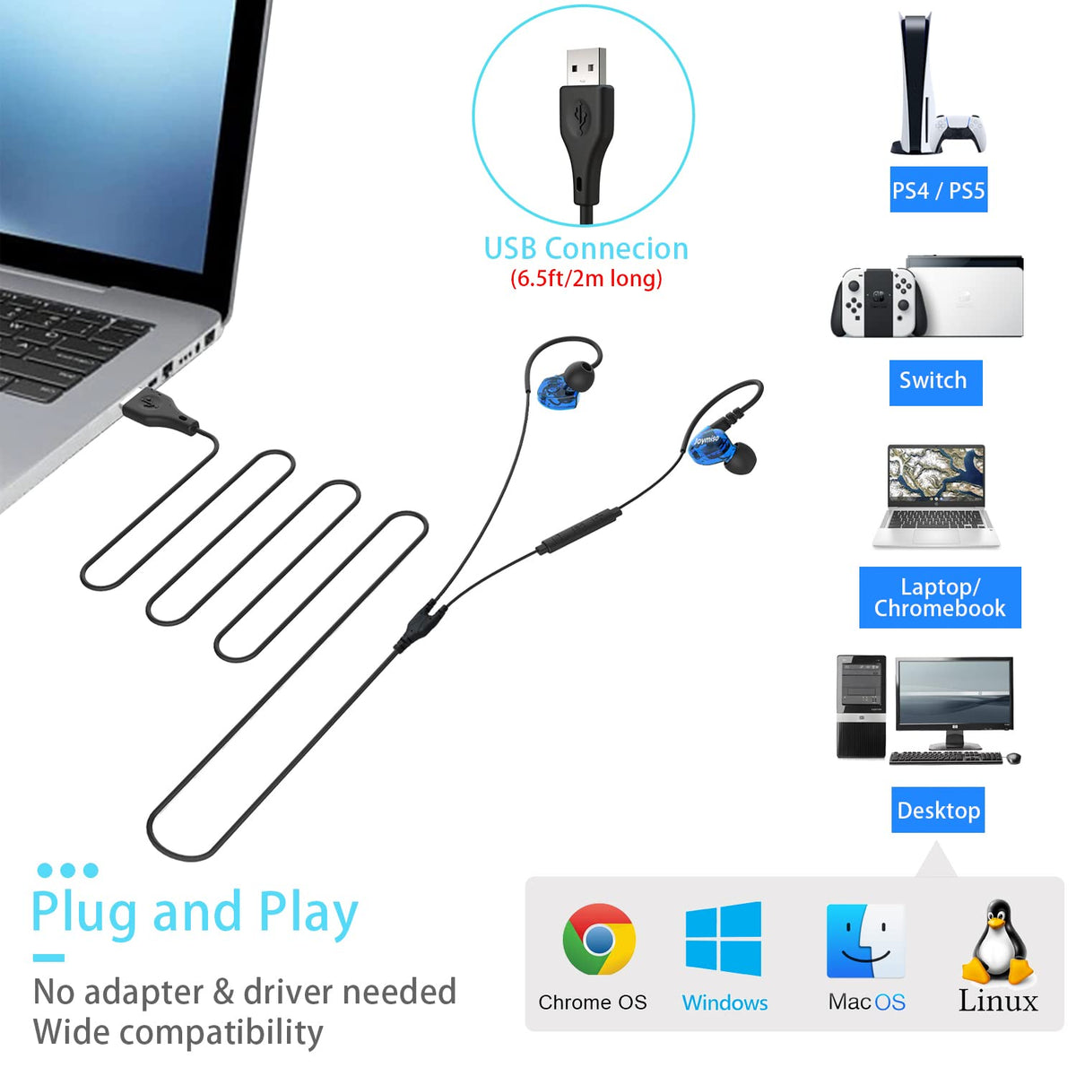 Joymiso USB Earbuds inline microphone for clear calls