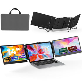 JoyReal laptop screen extender setup showing triple display workflow for multitasking