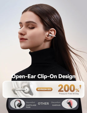 JOYROOM OE3 clip-on fit demonstrating stable wear without ear pressure