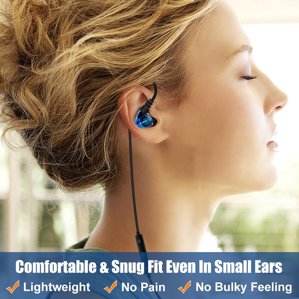 Joysico blue earhook design keeps earbuds secure during running.