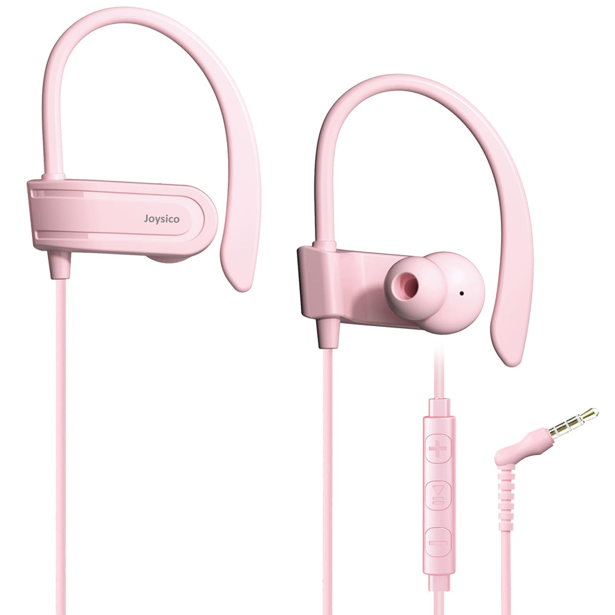 Joysico front view of pink earbuds and packaging showing workout use benefit