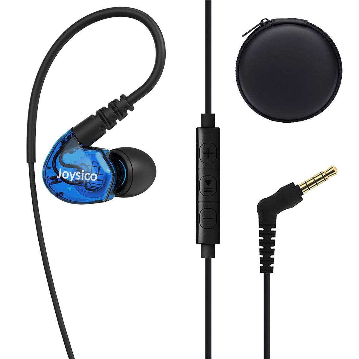 Joysico front packaging showing single-ear wired headset and case for easy portability