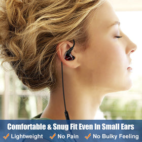 Joysico wrap-around ear red keeps buds in place during workouts.
