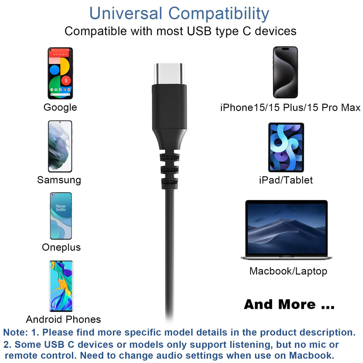 Joysico USB-C headphones inline microphone and remote enable hands-free calls.