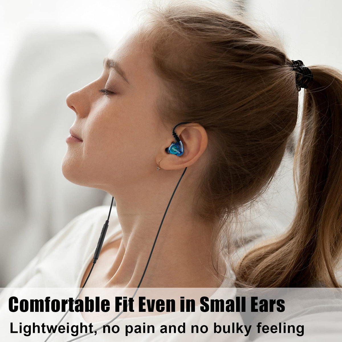 Joysico USB-C headphones with over-ear hook provide stable wear while running.
