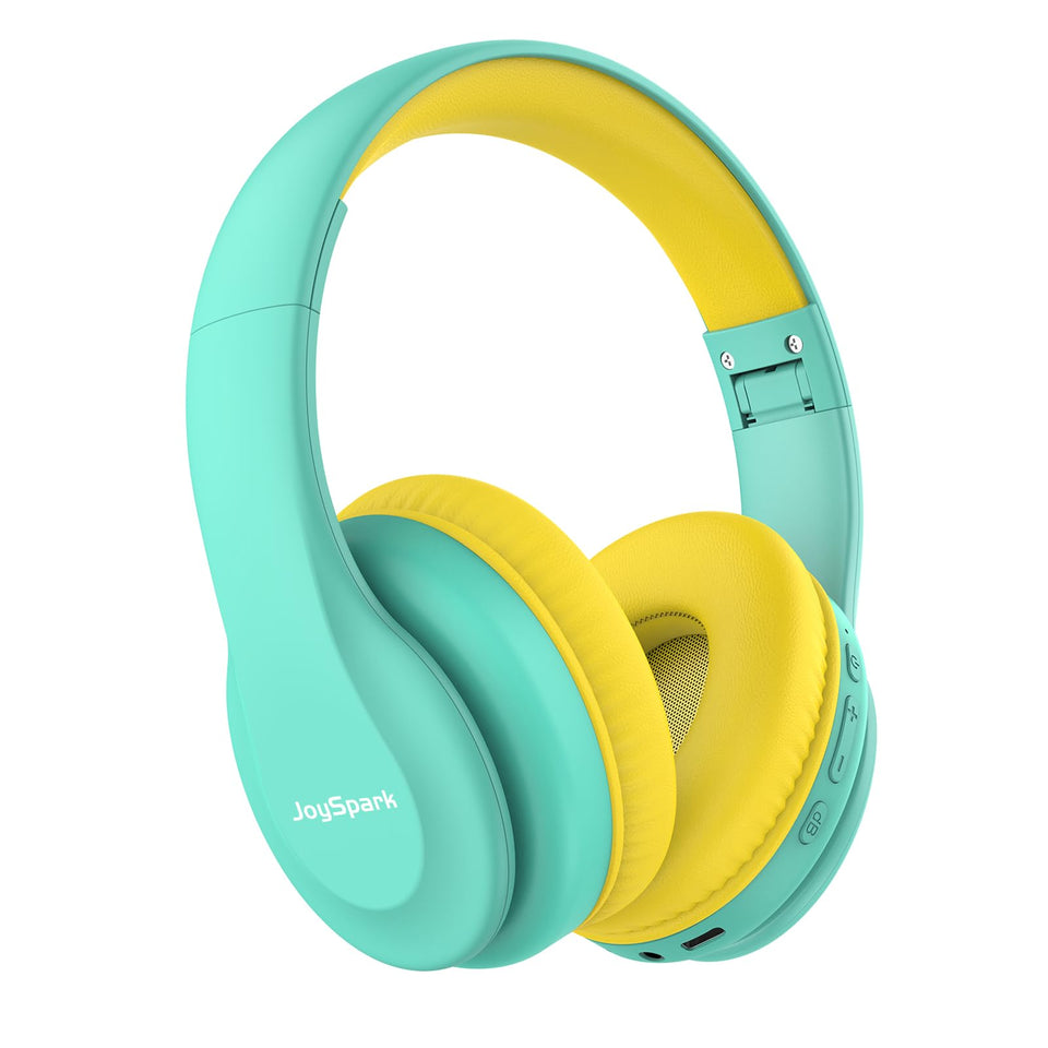 JoySpark green headphones front view showing compact child-friendly design and safe volume