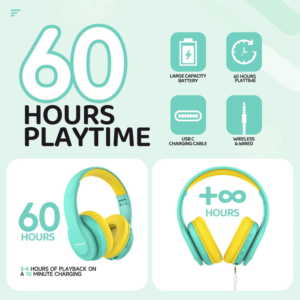 Child wearing JoySpark headphones watching a tablet for long comfortable playtime