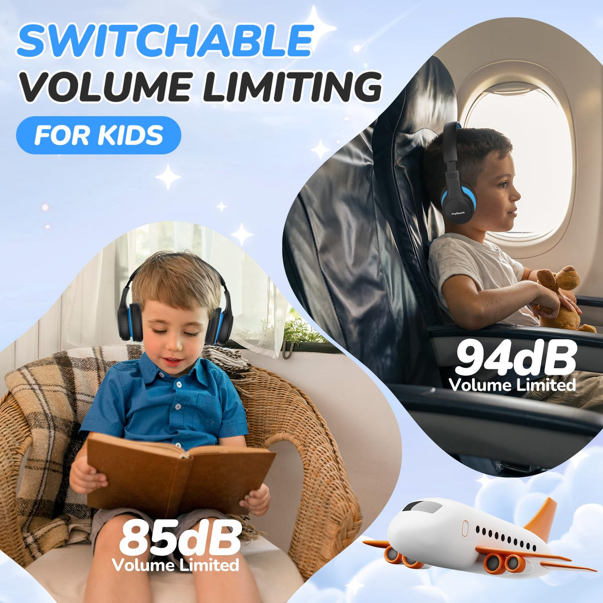 JoySpark Kids Headphones in black and blue offer comfortable all-day wear