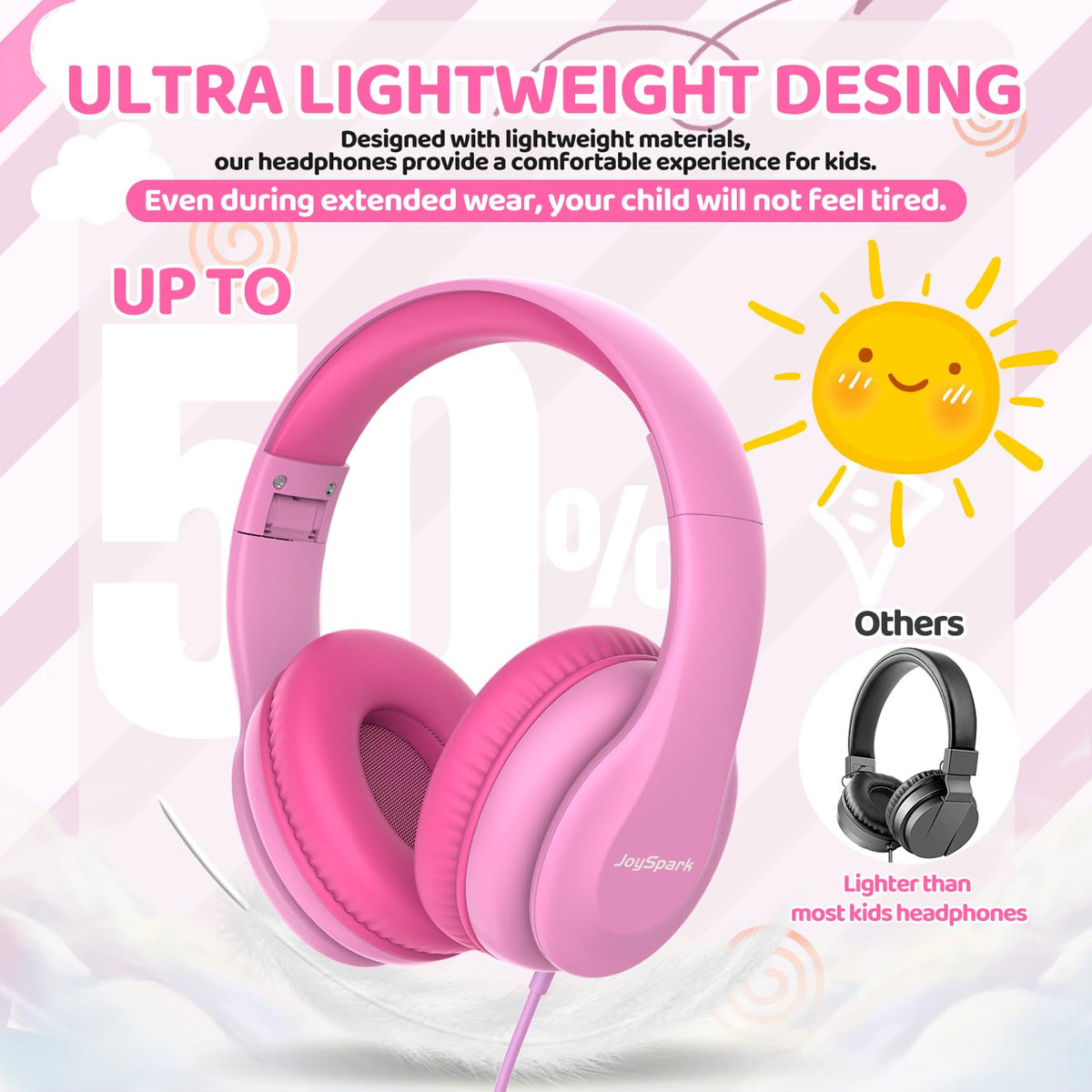 JoySpark pink kids headphones ideal for school and learning