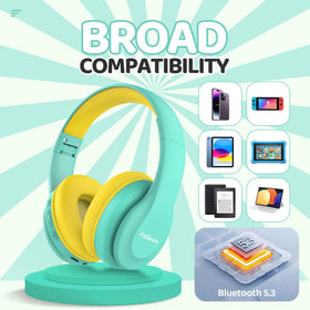 JoySpark headphones beside a toy showing scale and lightweight portability benefit