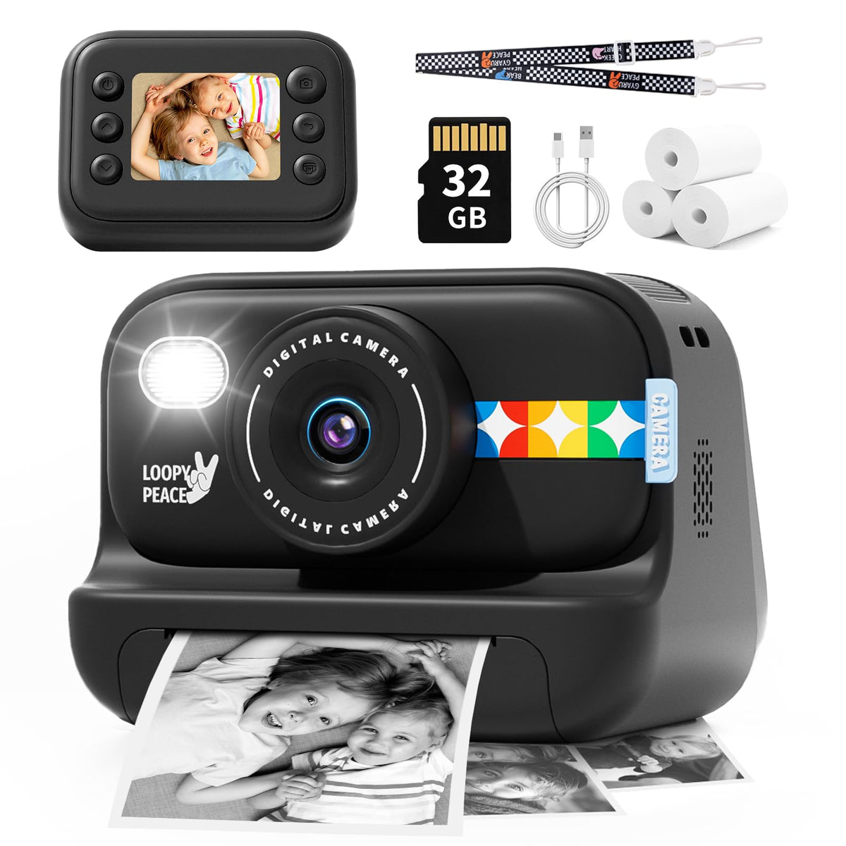JOYTRIP camera front view showing compact design and easy controls, encourages independent play