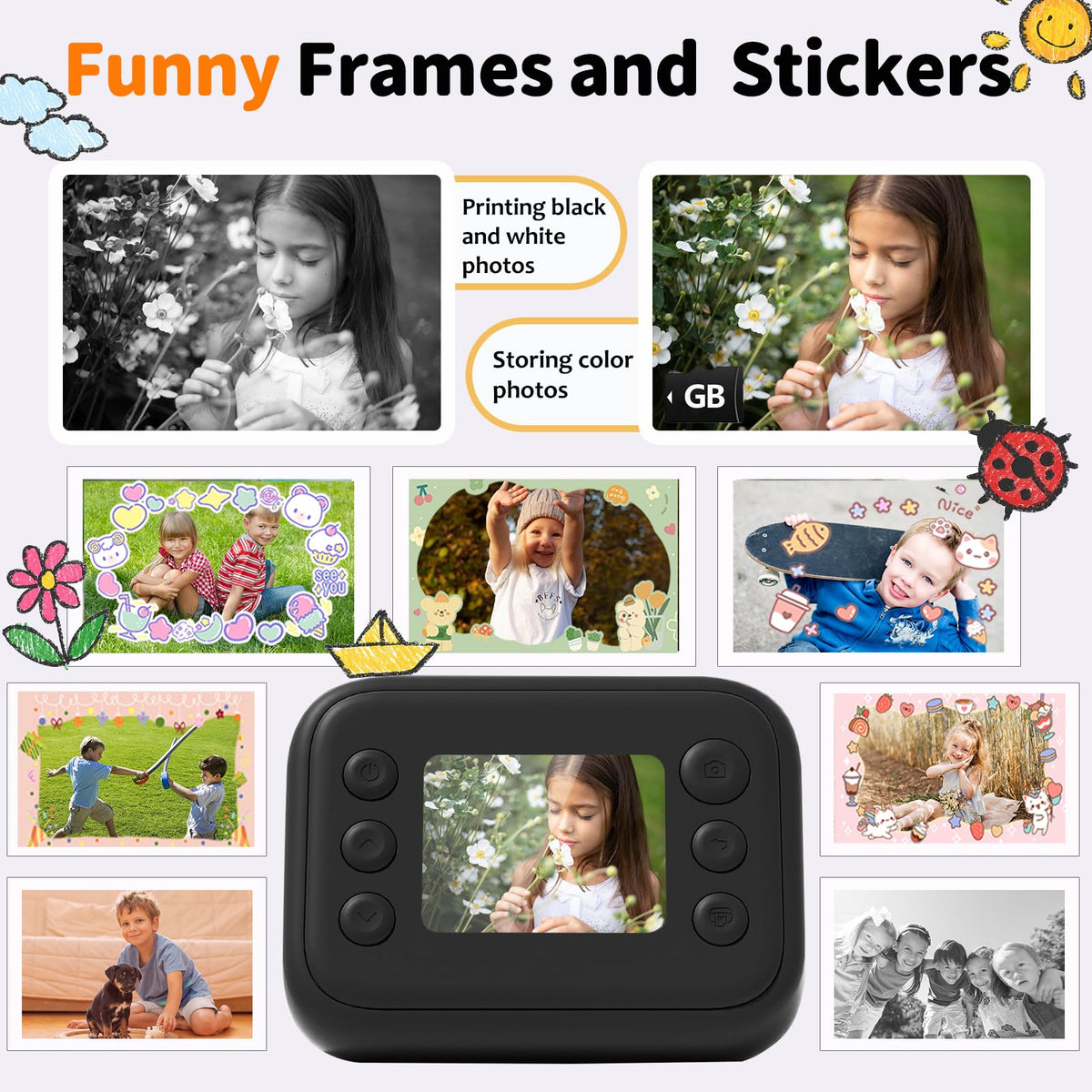 JOYTRIP instant black-and-white print exiting camera, shows mess-free inkless printing benefit