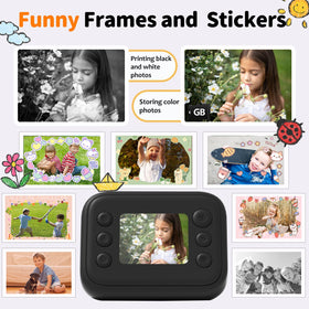 JOYTRIP instant black-and-white print exiting camera, shows mess-free inkless printing benefit