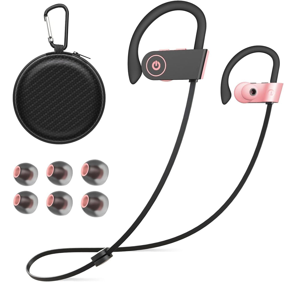 JOYWISE Bluetooth headphones pink front view for immersive workouts.