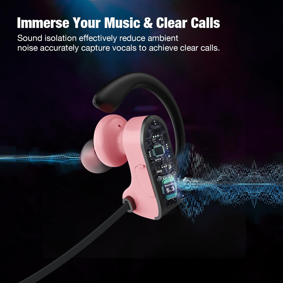 JOYWISE pink IPX7 waterproof headphones ideal for workouts and rain.