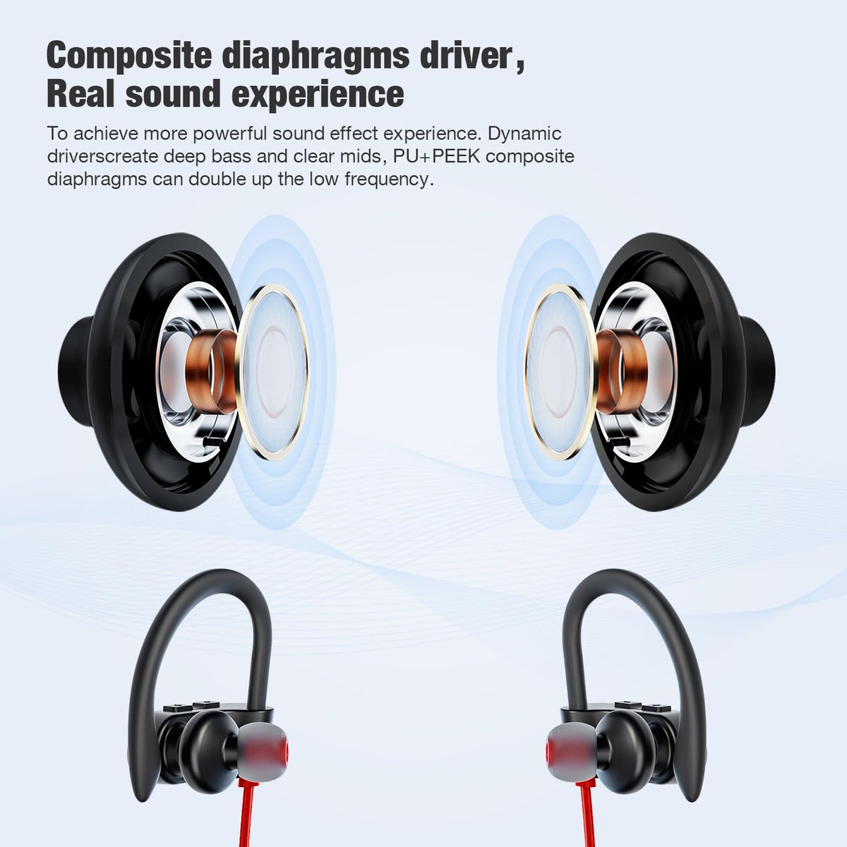 JOYWISE IPX7 waterproof earbuds modeled for sweaty workouts.