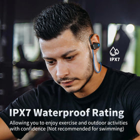 JOYWISE headphones with water splash, illustrates IPX7 waterproof protection