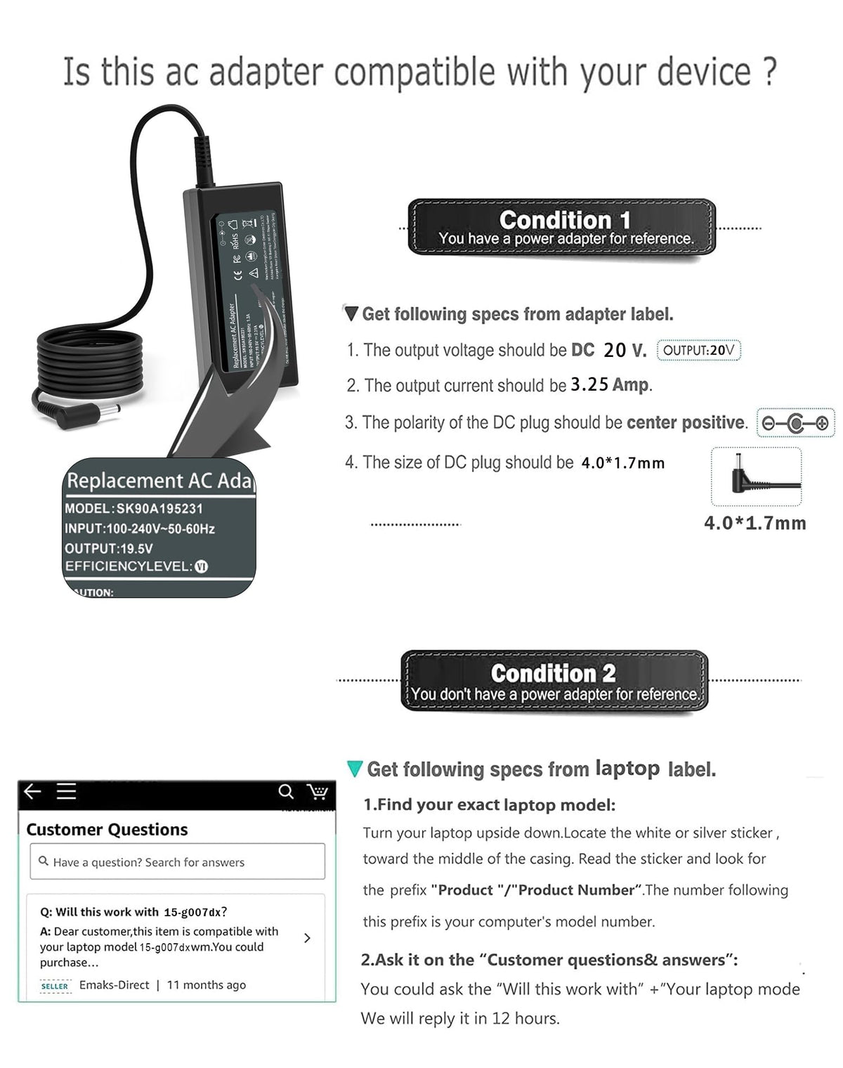 JPEOAYBI 65W adapter compatibility page image displays Lenovo models supported