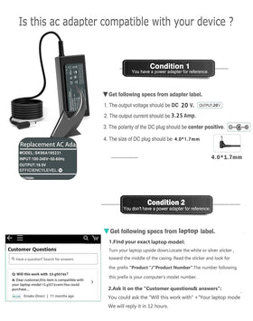 JPEOAYBI 65W adapter compatibility page image displays Lenovo models supported
