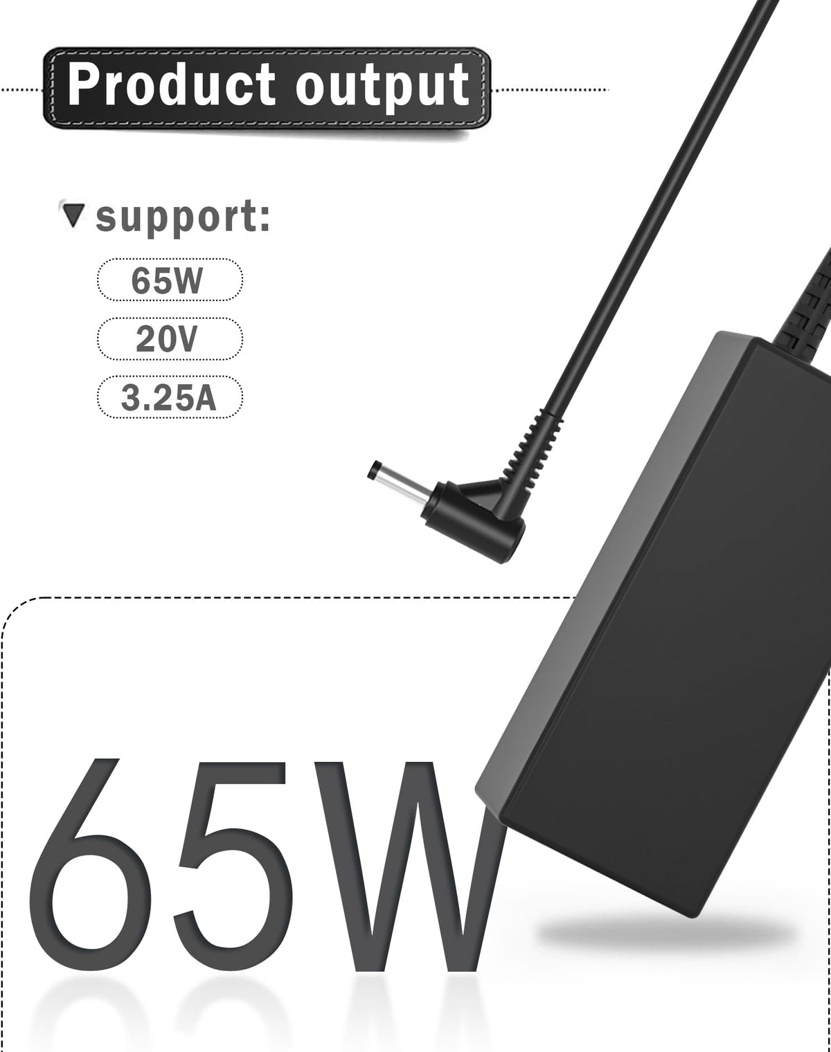 JPEOAYBI 65W adapter side view highlights slim profile for travel-friendly use