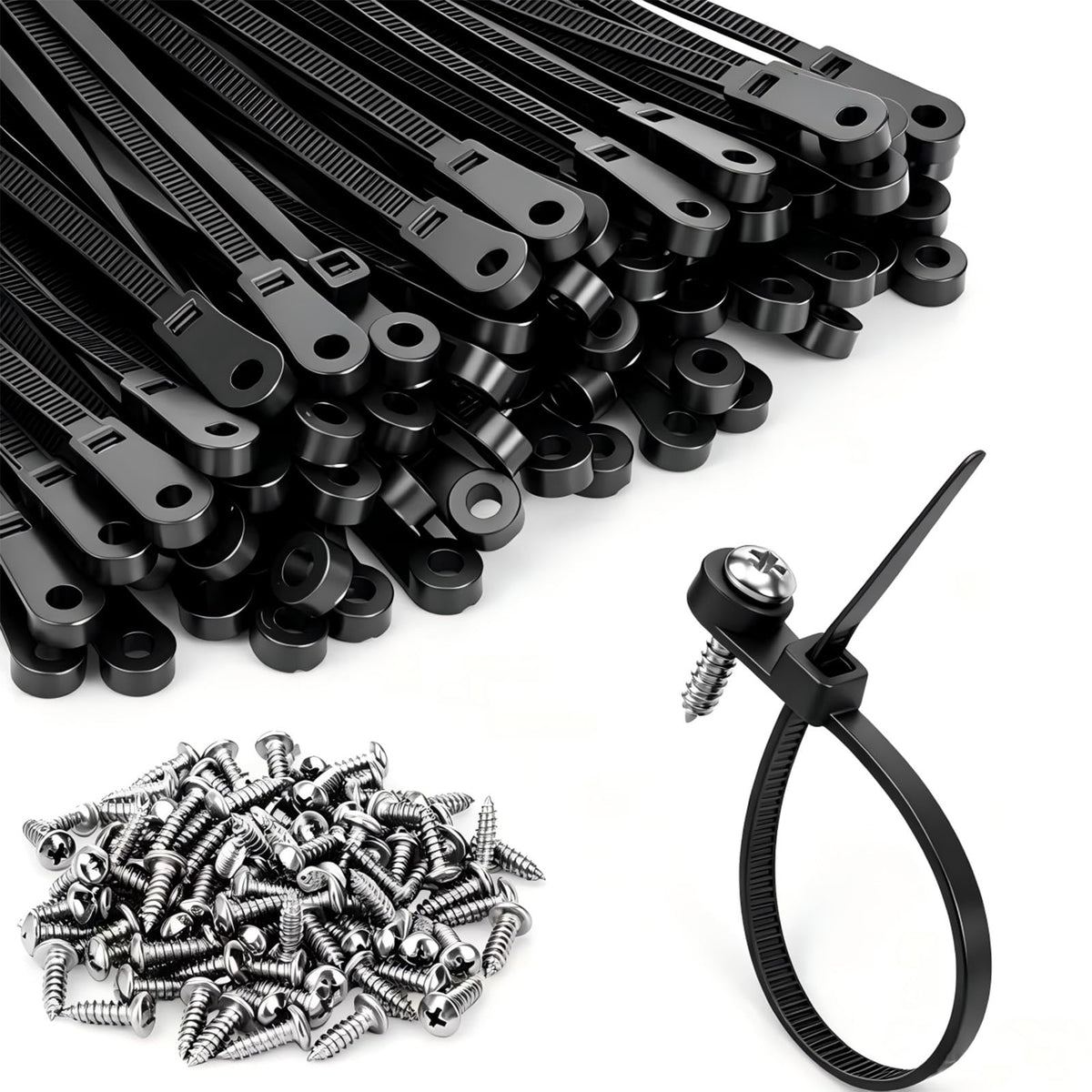 JQXLMDY 200-pack, 12-inch black zip ties with screw hole for sturdy mounting.