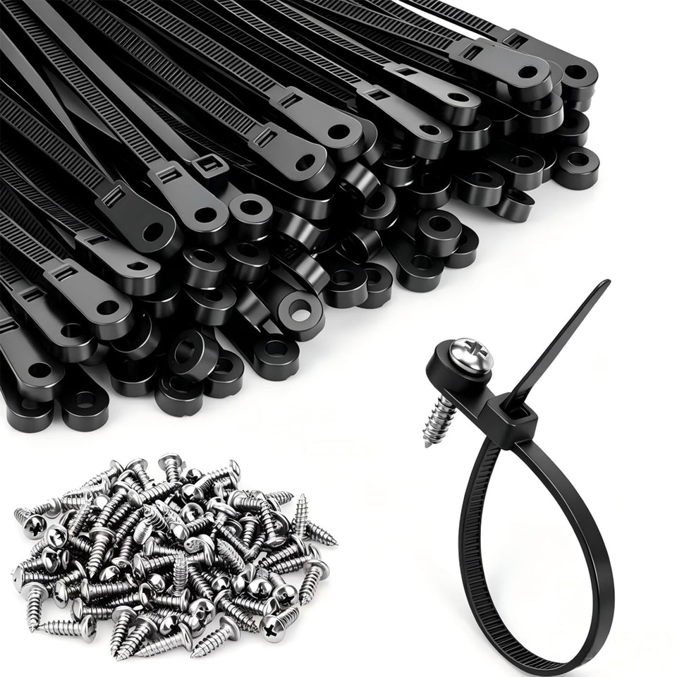 JQXLMDY 200-pack, 12-inch black zip ties with screw hole for sturdy mounting.