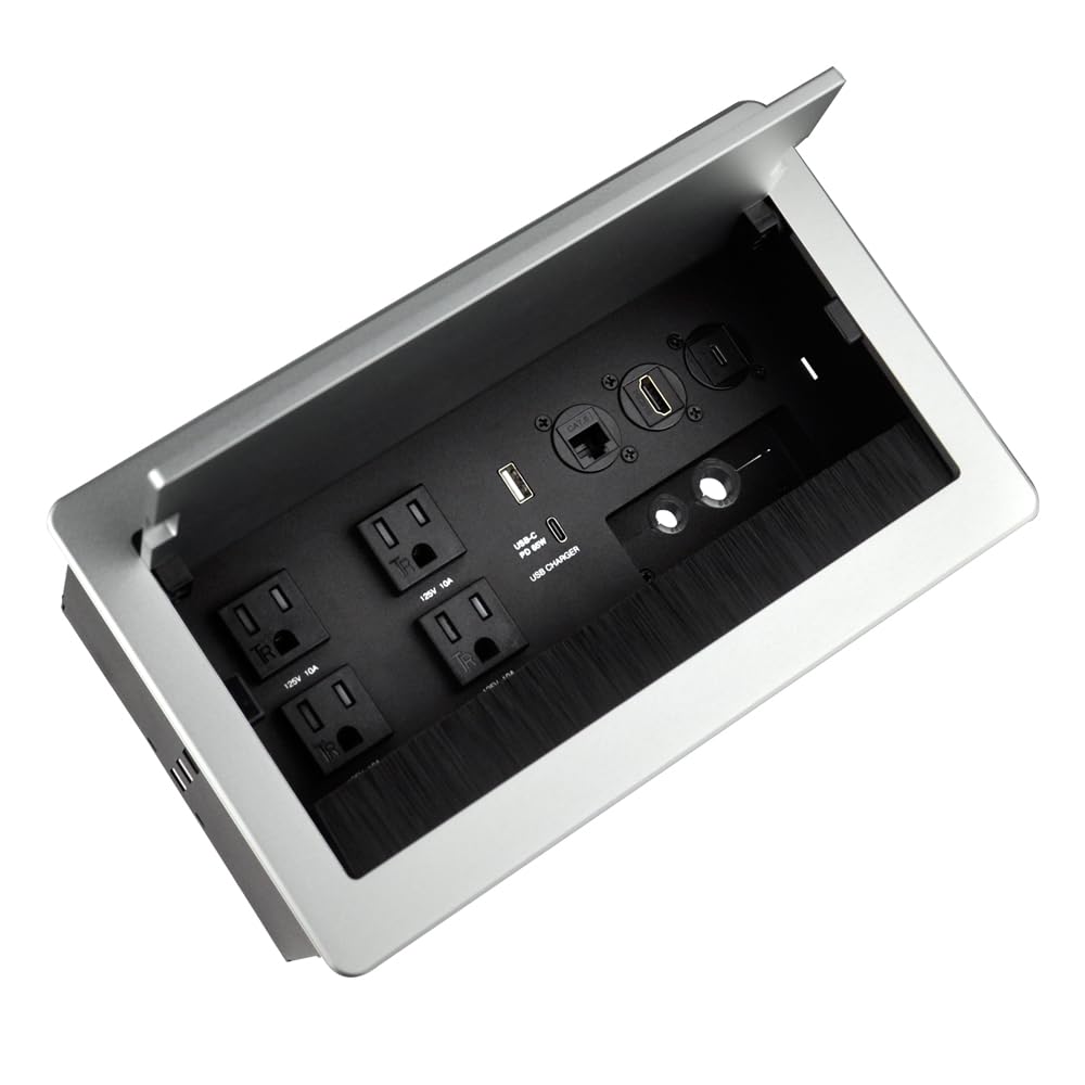 JS VIDEO conference table power hub shows organized 13-port connectivity