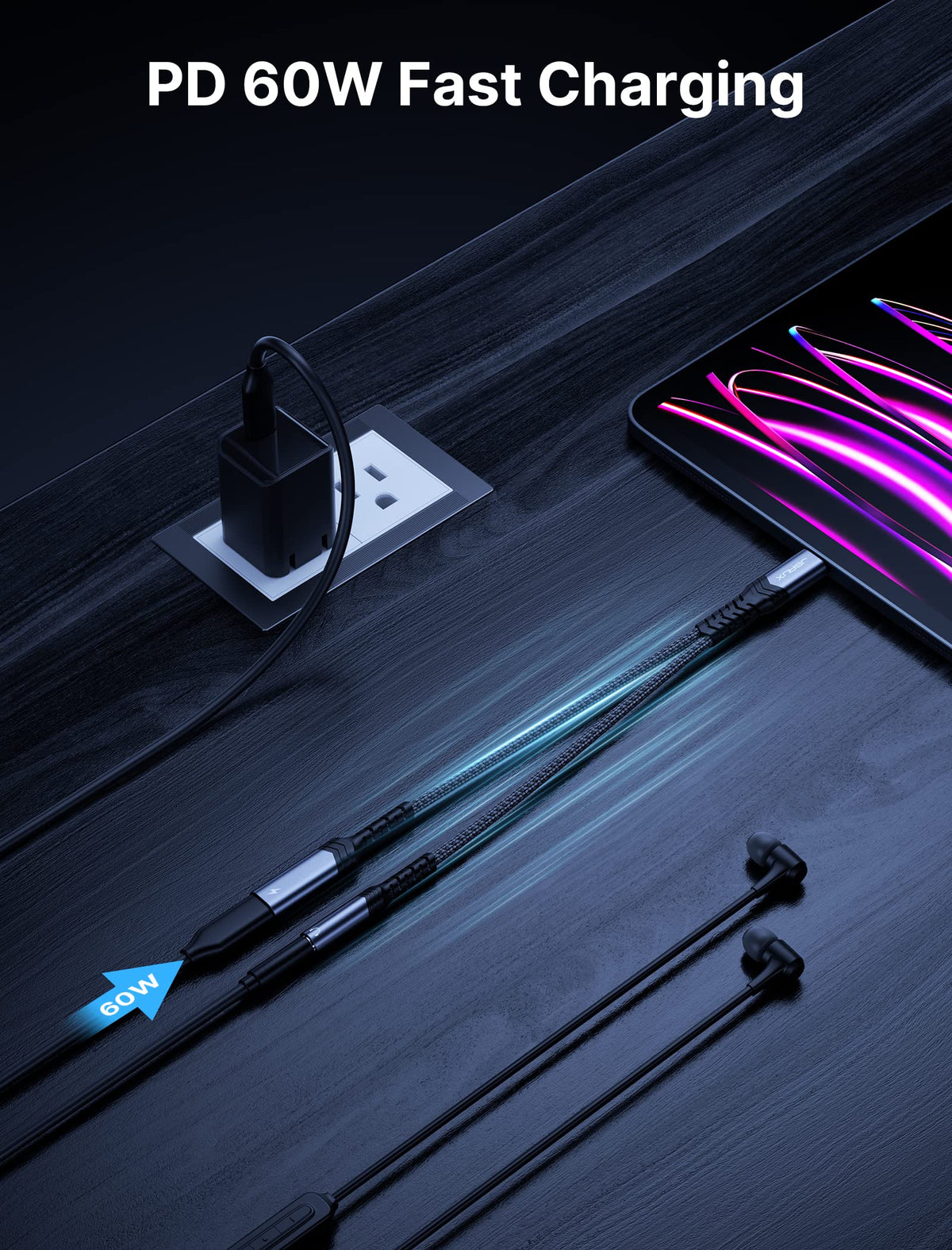 JSAUX 60W PD fast charging dongle in use powering devices while audio plays.