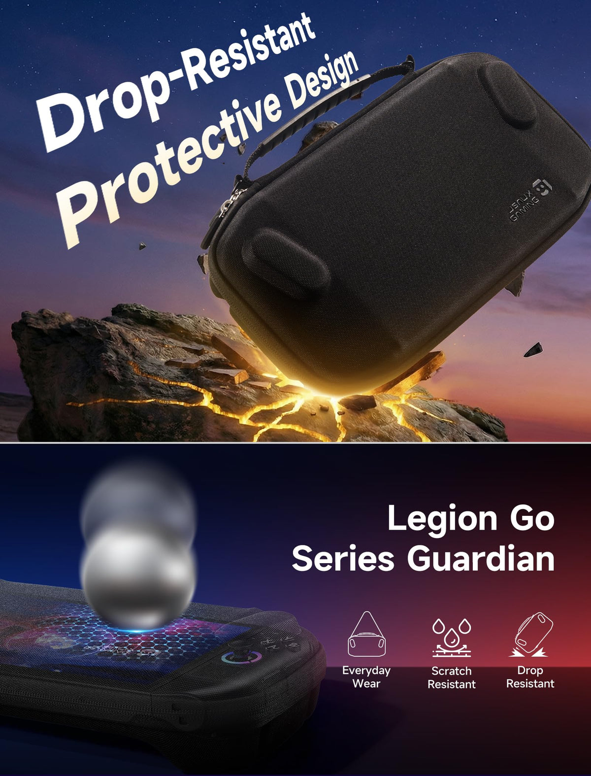 JSAUX Legion Go secured by wide strap inside case minimizing movement