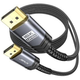 JSAUX DisplayPort 2.1 braided 16.4ft cable close-up showing durable construction for long setups.